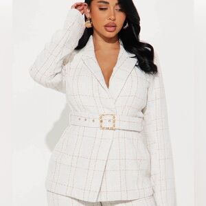Fashion Nova cream tweed blazer jacket and belt